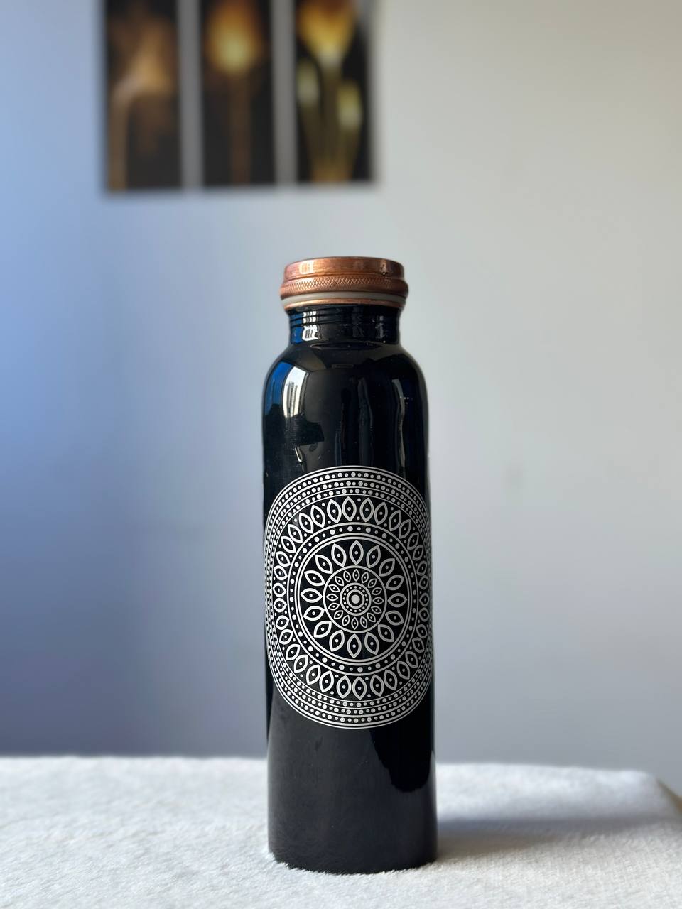 Black White Charkra Copper Water Bottle - 1 Ltr