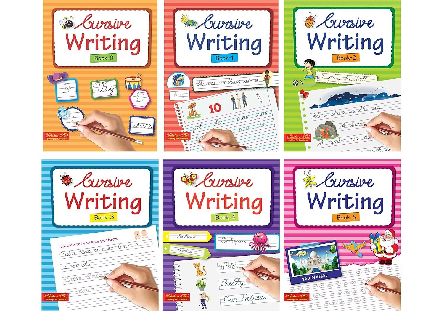Scholars Hub Cursive Writing Books Combo (Vol. 0-5) (Capital Letters, Small Letters, Word Family & Sentences) | Set Of 6…